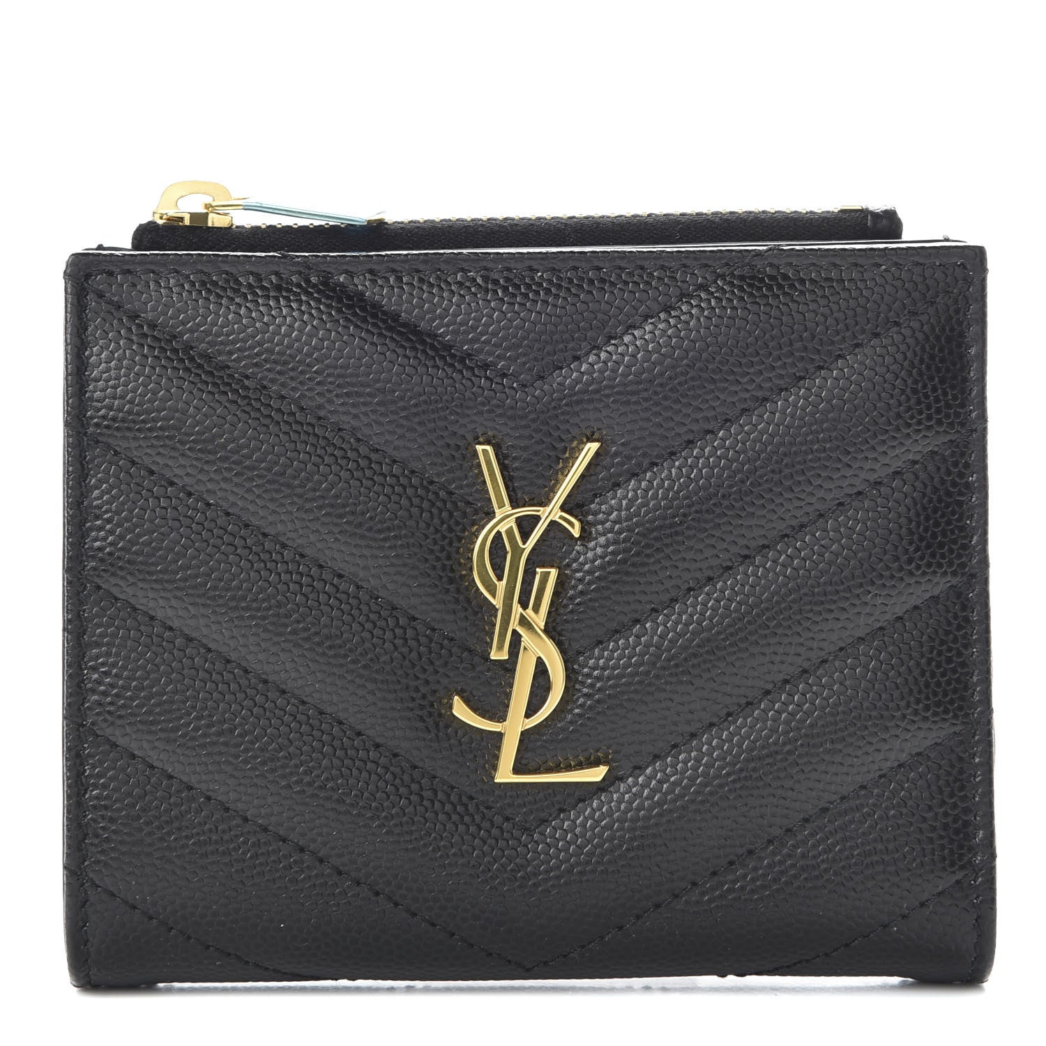 Saint Laurent Grain De Poudre Matelasse Chevron Monogram Zipped Card Case Black 1 of 7