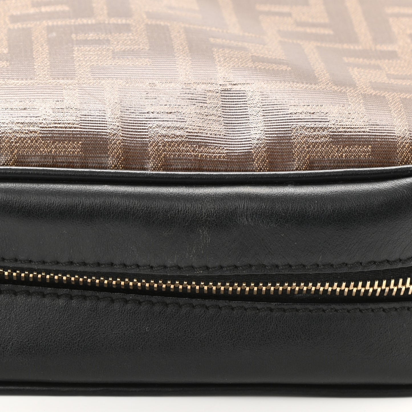 Glazed Fabric Vitello Century F is Fendi FF 1974 Stamp Patch Camera Case Mogano Panna Black
