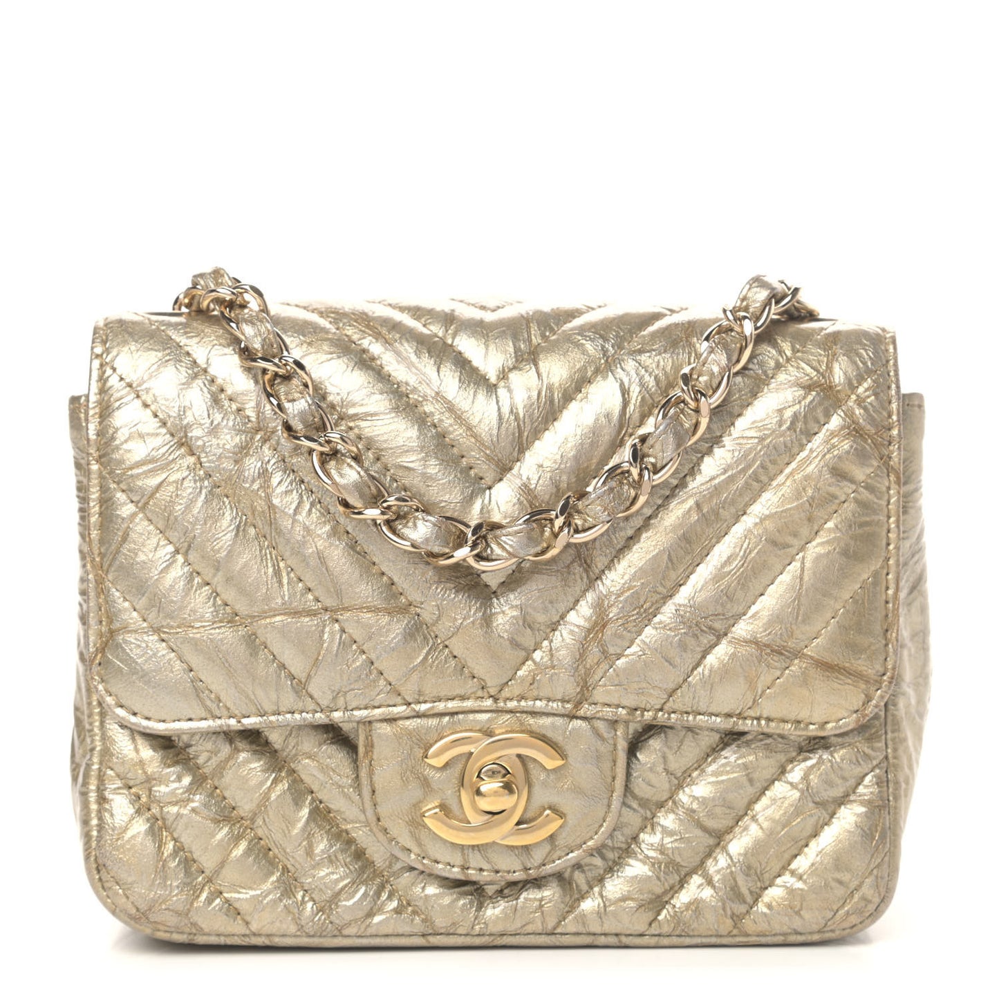 Patent Metallic Crumpled Calfskin Chevron Quilted Mini Square Flap Gold