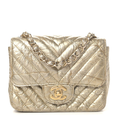 Chanel Patent Metallic Crumpled Calfskin Chevron Quilted Mini Square Flap Gold 1 of 7