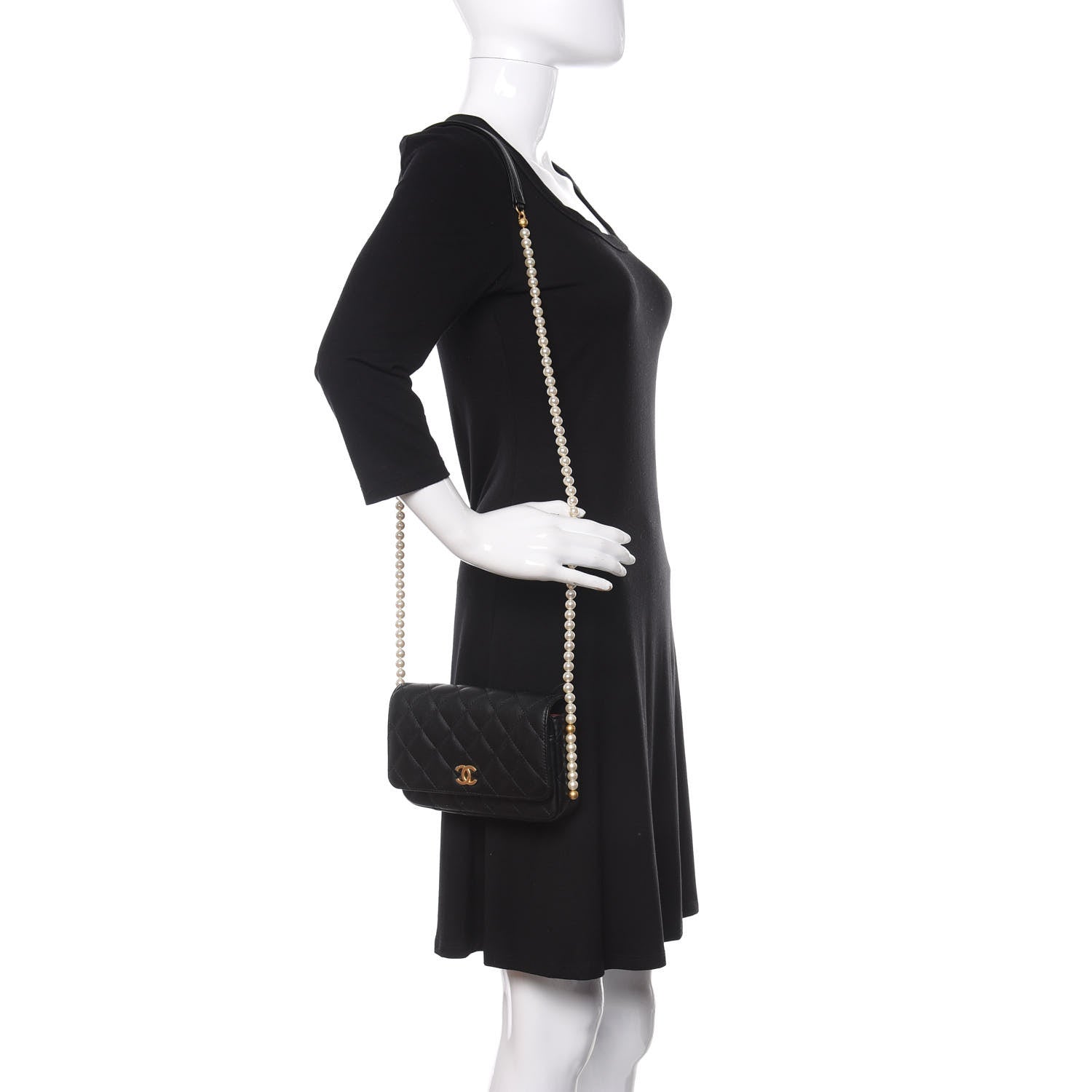 Chanel Calfskin Quilted Pearl Wallet On Chain WOC Black 3 of 19