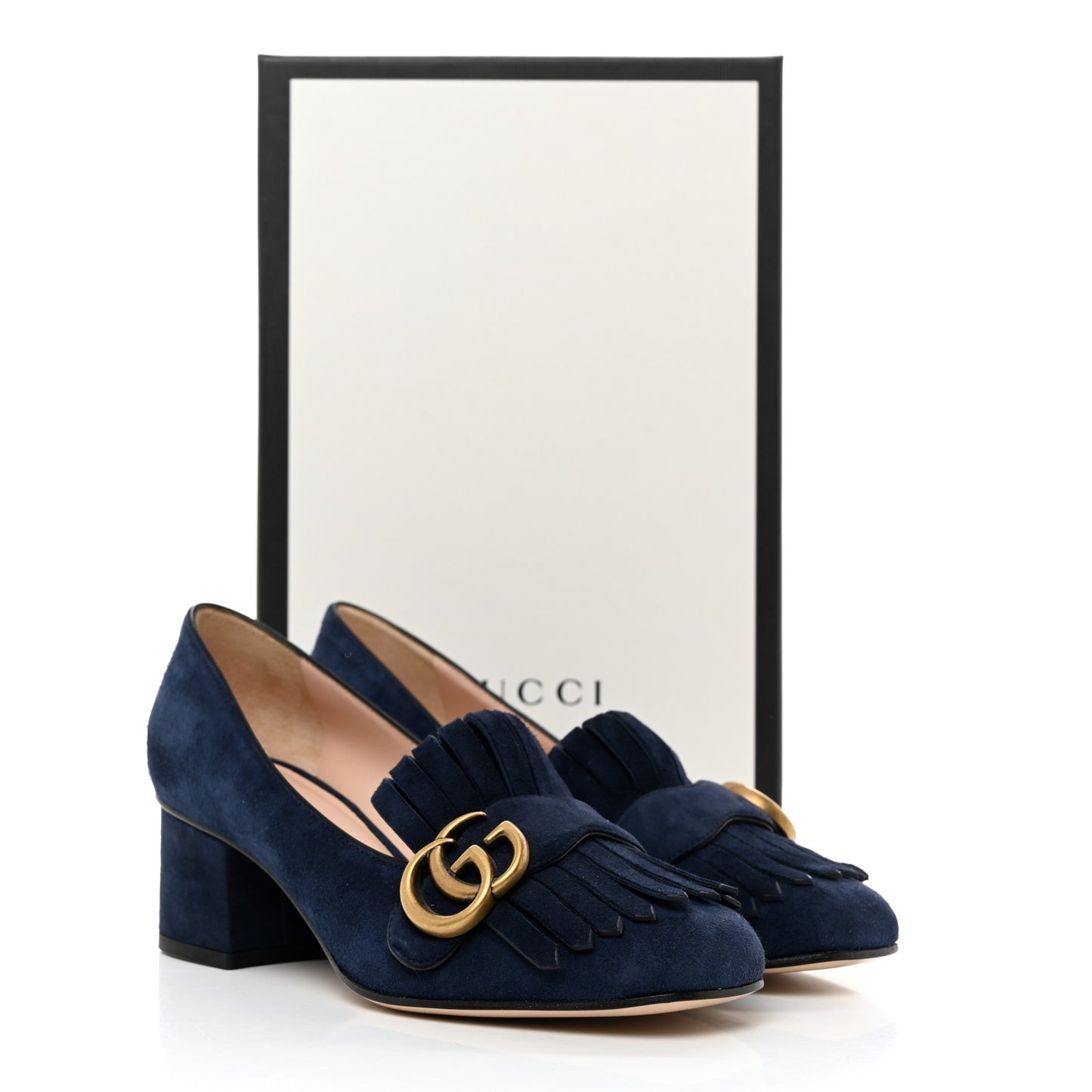Kid Scamosciato GG Marmont Fringe 50mm Loafer Pumps 36 Blue Ink
