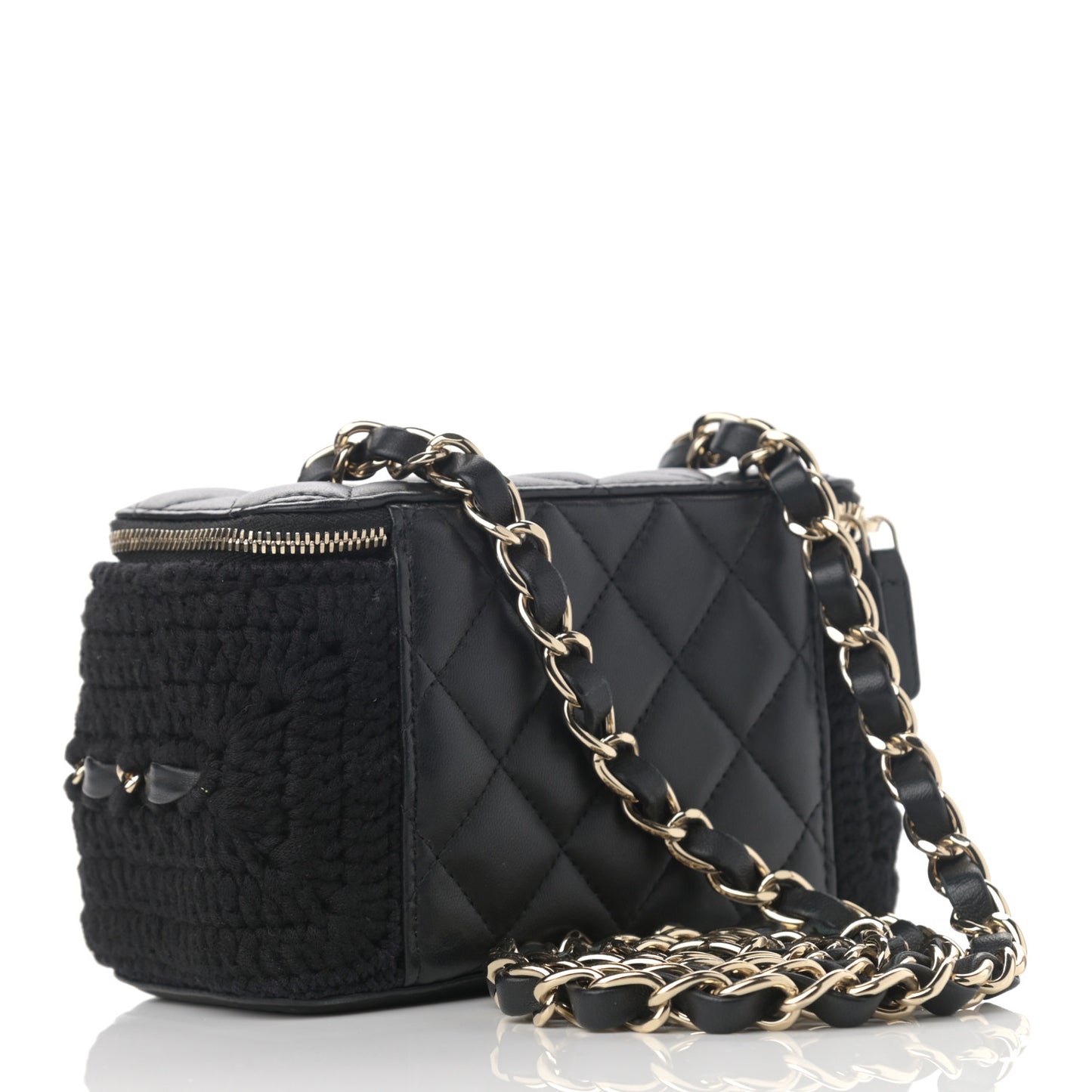 Lambskin Crochet Quilted Small Vanity Case With Chain Black