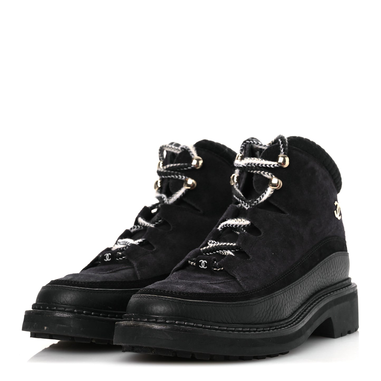 Suede Grained Calfskin CC Lace Up Boots 38 Black