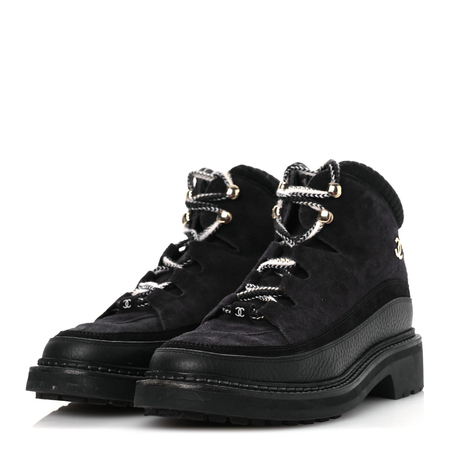 Chanel Suede Grained Calfskin CC Lace Up Boots 38 Black 4 of 13