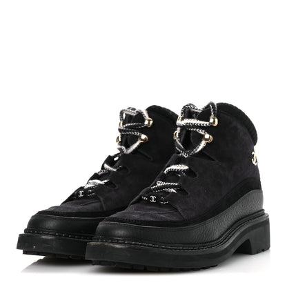 Chanel Suede Grained Calfskin CC Lace Up Boots 38 Black 4 of 13