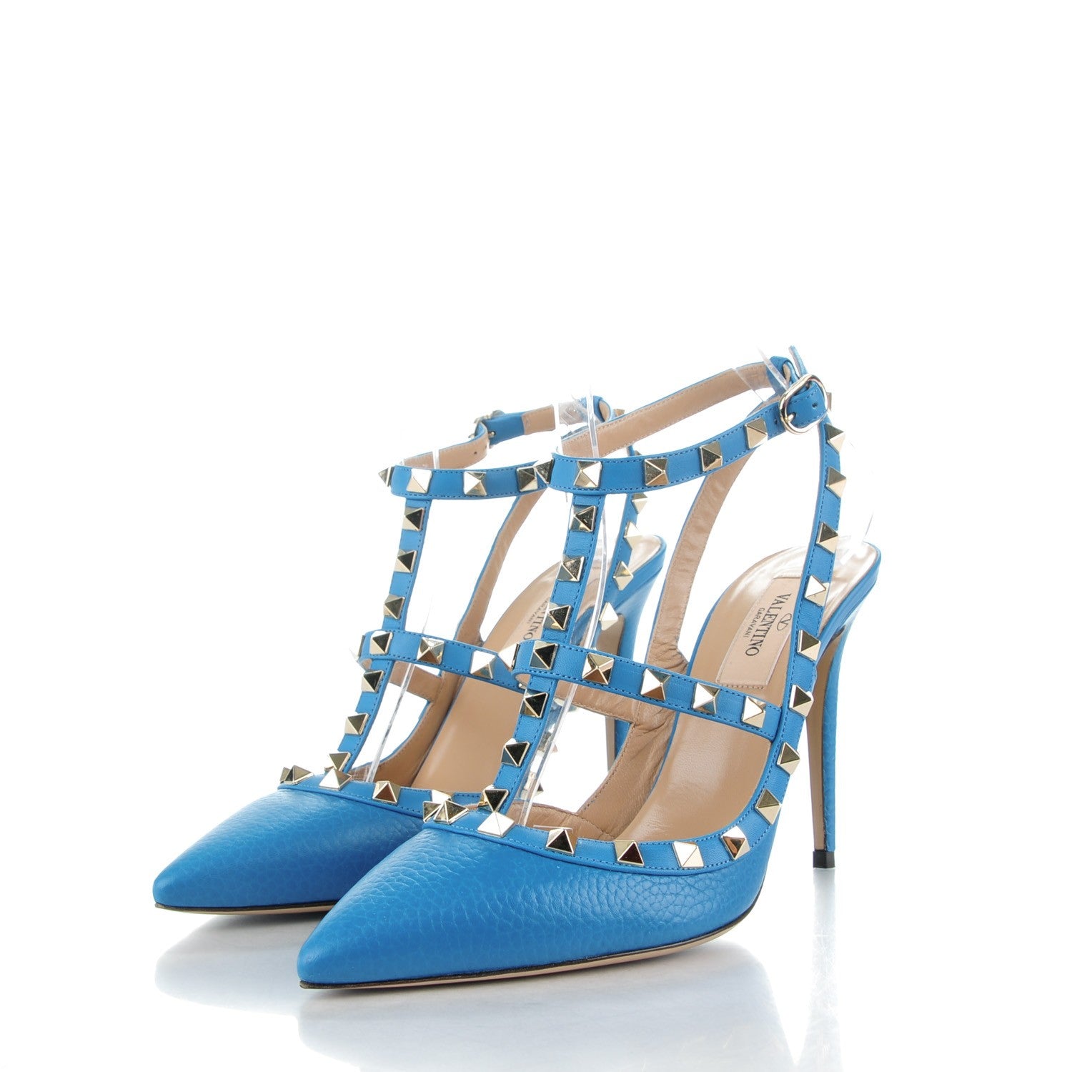 Valentino Garavani Pebbled Calfskin Rockstud Ankle Strap Pumps 38 Light Blue 3 of 8