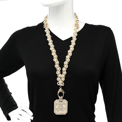 Chanel Pearl Crystal CC Pendant Lanyard Necklace Gold 2 of 9