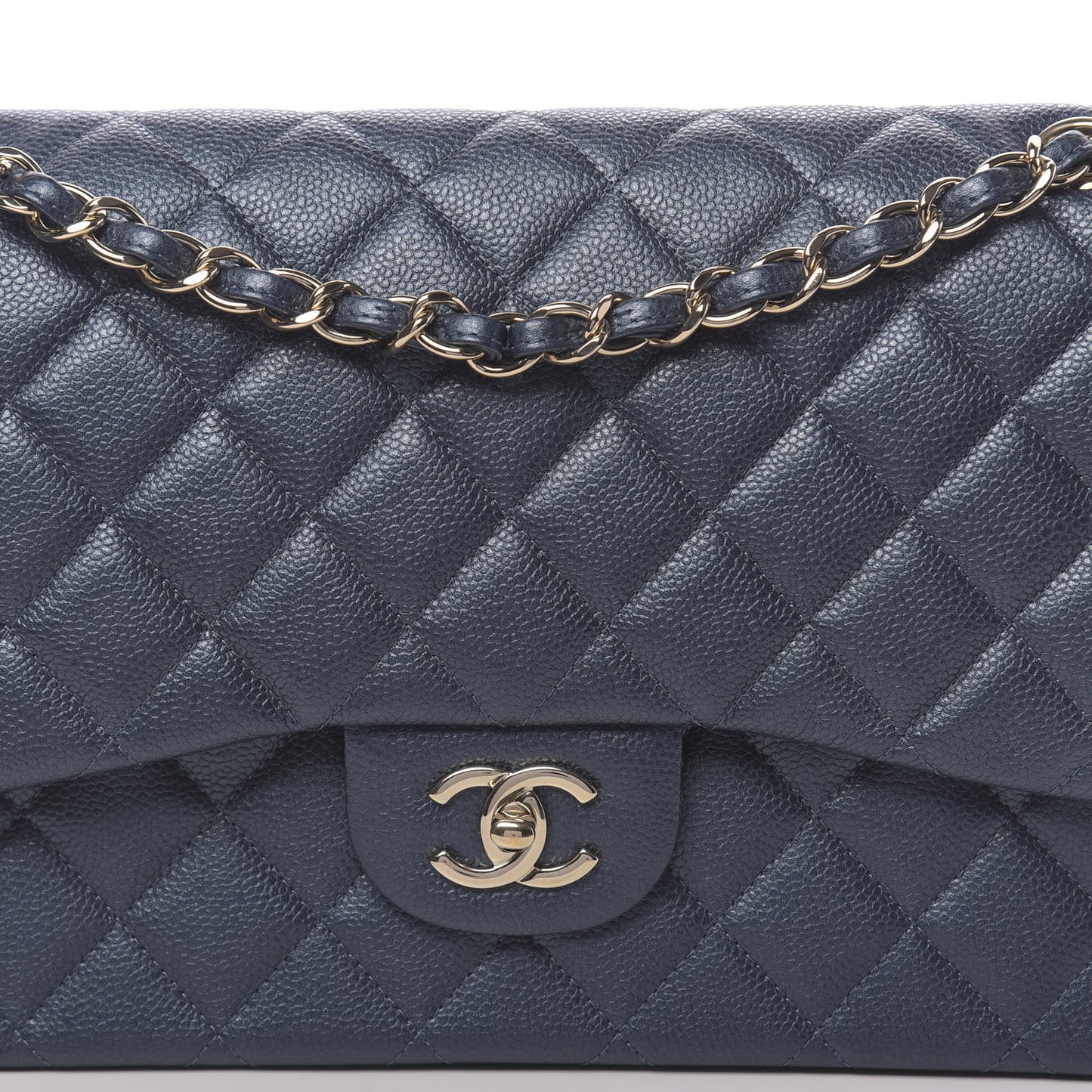 Iridescent Caviar Quilted Jumbo Double Flap Dark Blue