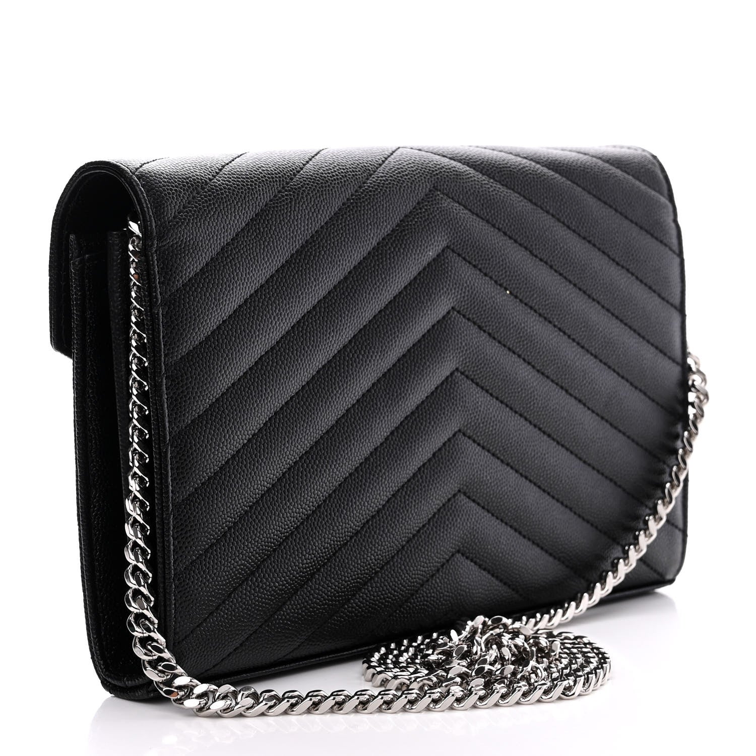 Saint Laurent Grain De Poudre Matelasse Chevron Monogram Chain Wallet Black 3 of 12