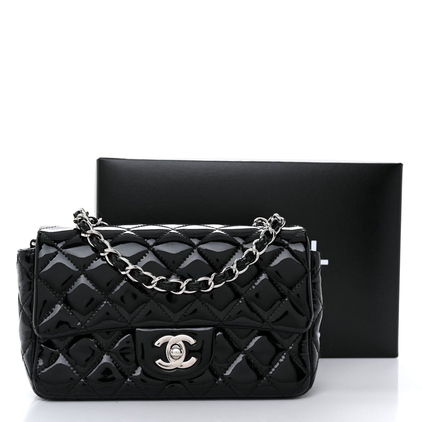 Patent Calfskin Quilted Mini Rectangular Flap Black