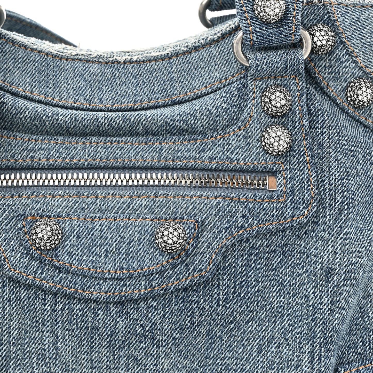 Washed Frayed Denim Crystal Neo Cagole City Handbag Blue