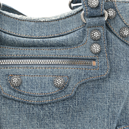 Balenciaga Washed Frayed Denim Crystal Neo Cagole City Handbag Blue 9 of 11