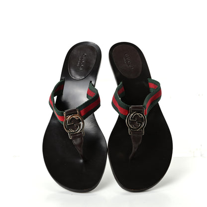 Gucci Nylon Calfskin Web Womens Thong Low Heel Sandals 6.5 Green Red Cocoa 5 of 10
