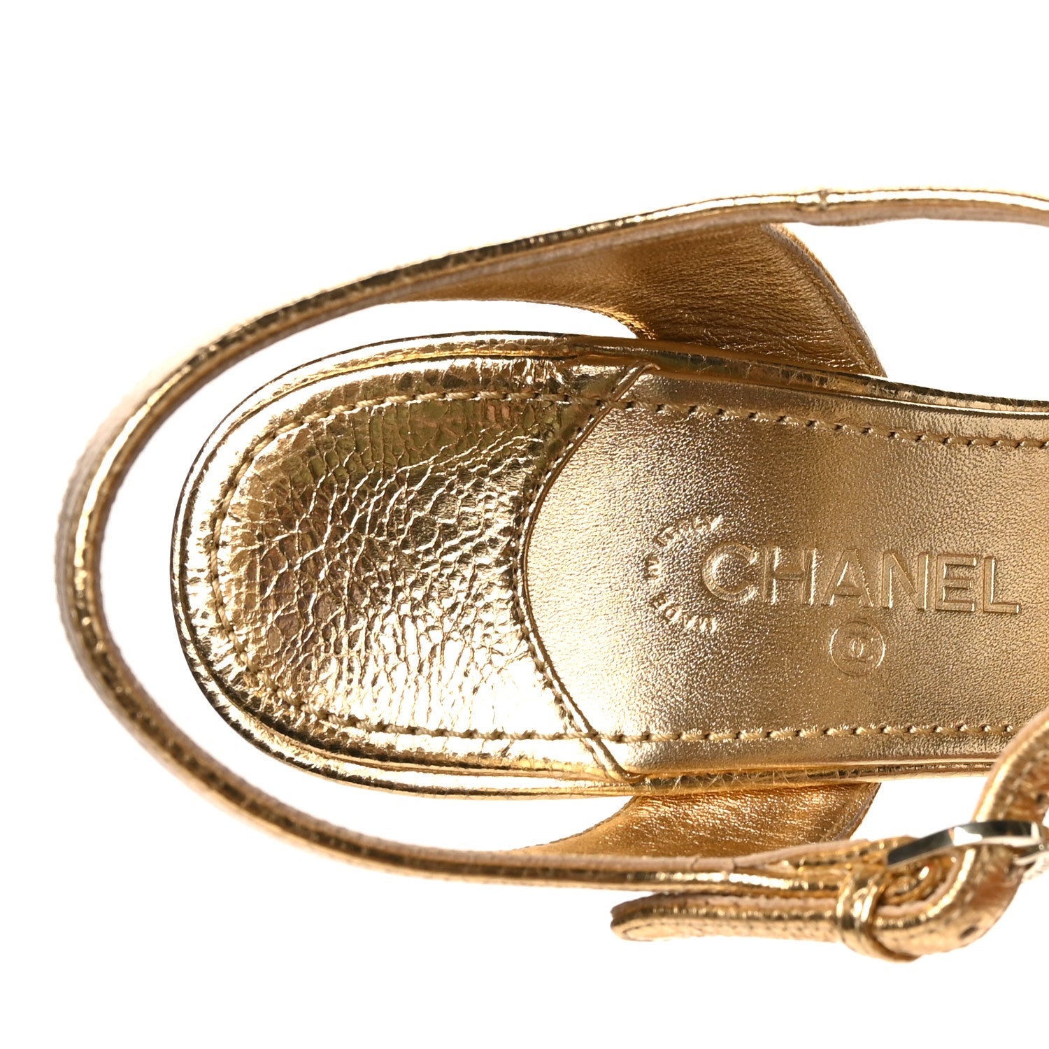 Chanel Crackled Laminated Calfskin Camellia Sandals 39.5 Gold 6 of 9