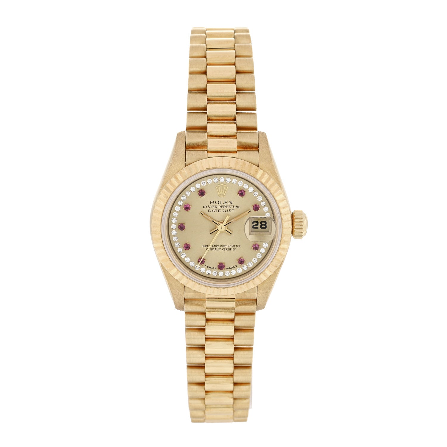 Rolex 18K Yellow Gold Diamond Ruby 26mm Datejust President Watch ...