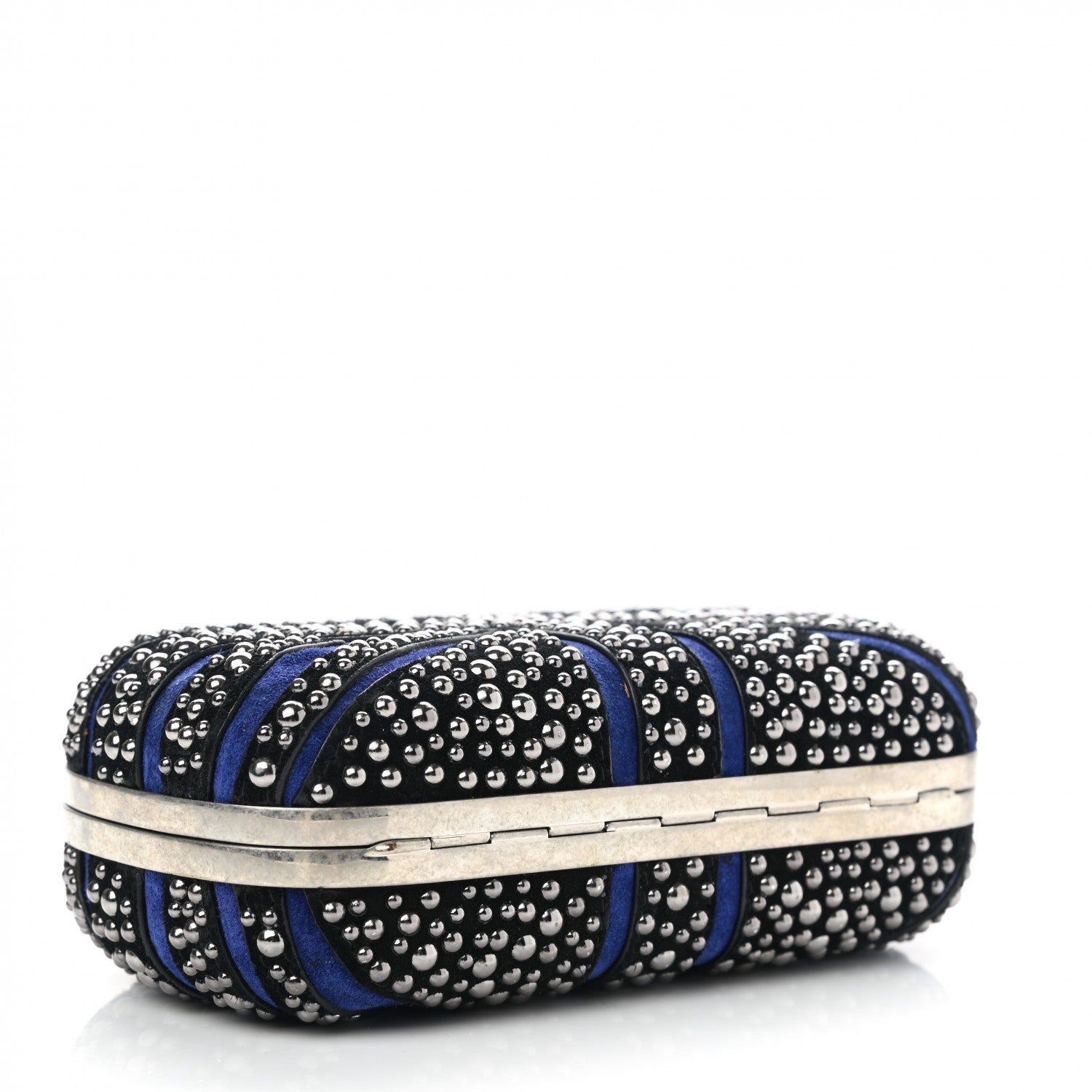 Alexander McQueen Suede Studded Britannia Skull Box Clutch Blue Black 4 of 11