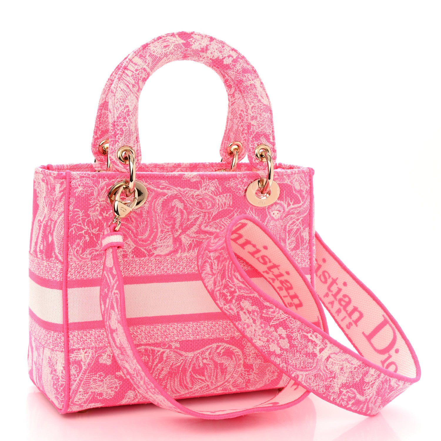 Christian Dior Canvas Toile De Jouy Reverse Embroidered Medium Lady D-Lite Fluorescent Pink 2 of 9