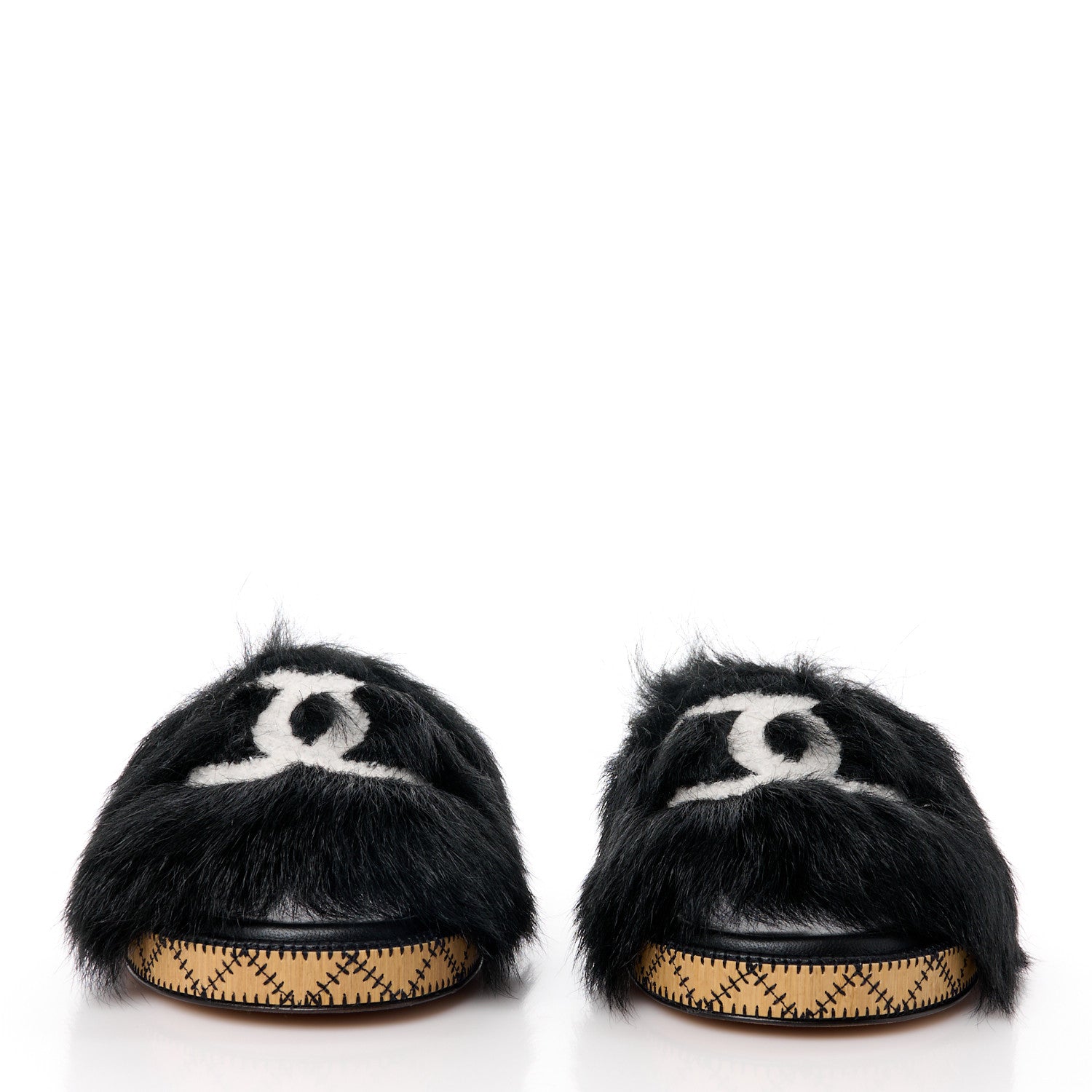 Chanel Shearling Lambskin CC Mules Sandal 40 Black White 2 of 8