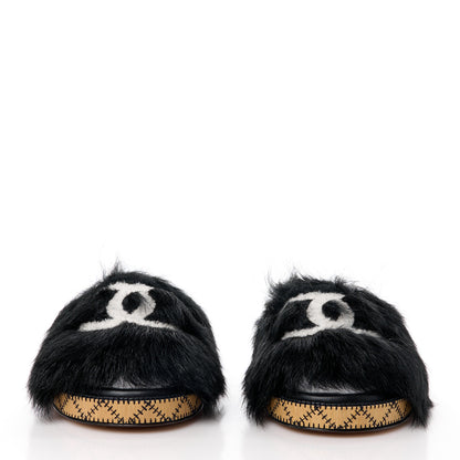 Chanel Shearling Lambskin CC Mules Sandal 40 Black White 2 of 8
