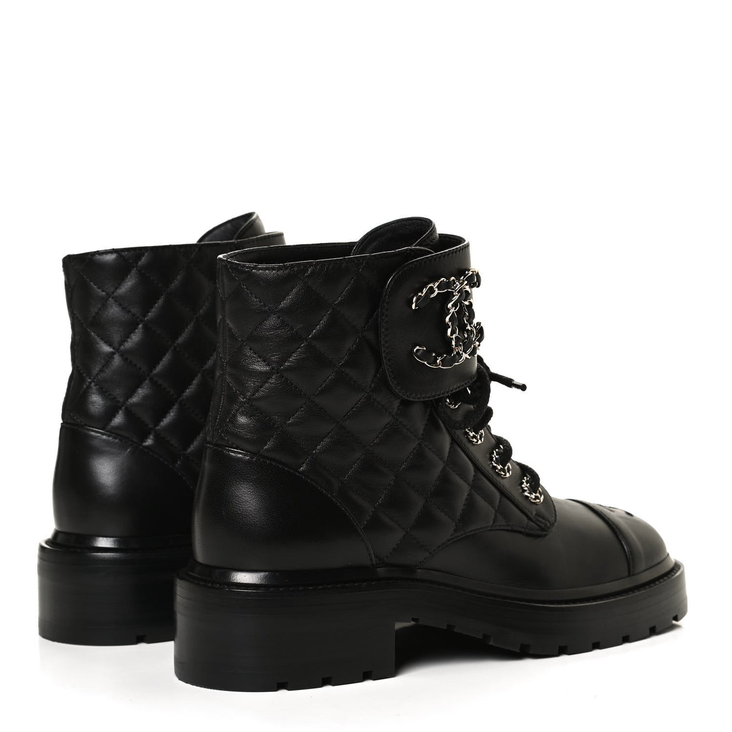 Shiny Lambskin Quilted Lace Up Combat Boots 37 Black