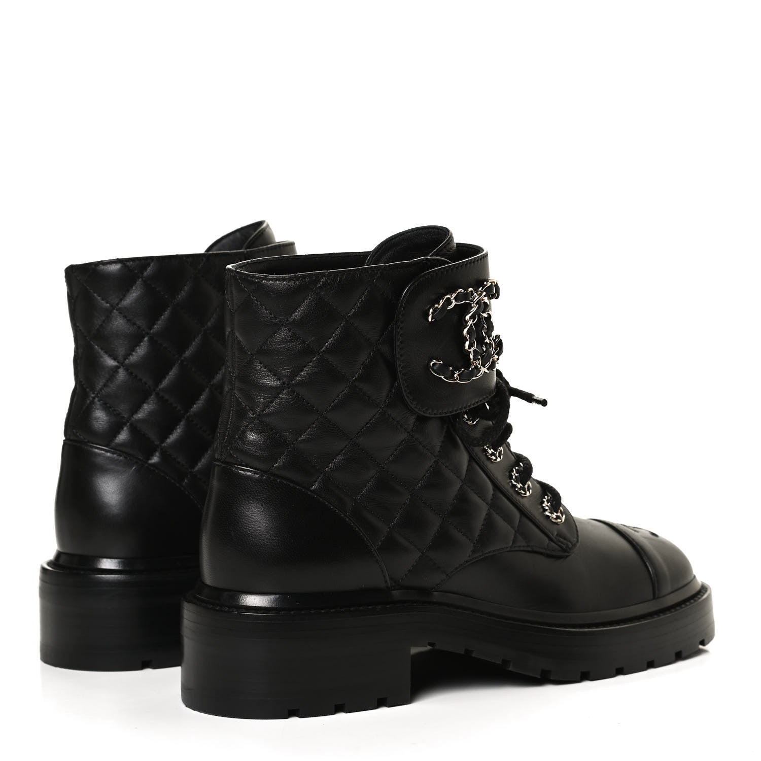Chanel Shiny Lambskin Quilted Lace Up Combat Boots 37 Black 4 of 12