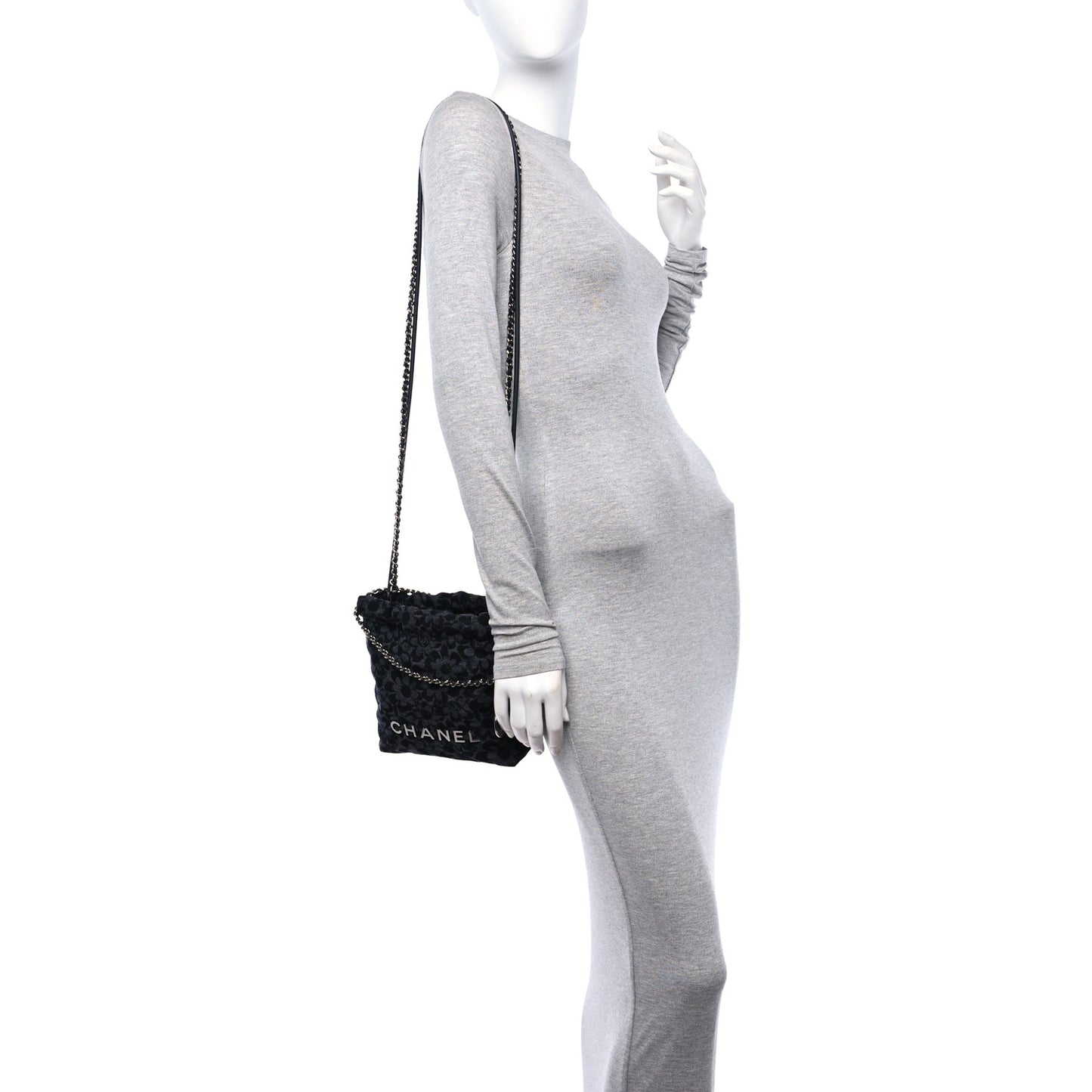 Denim Quilted Floral Print Mini Chanel 22 Black Grey