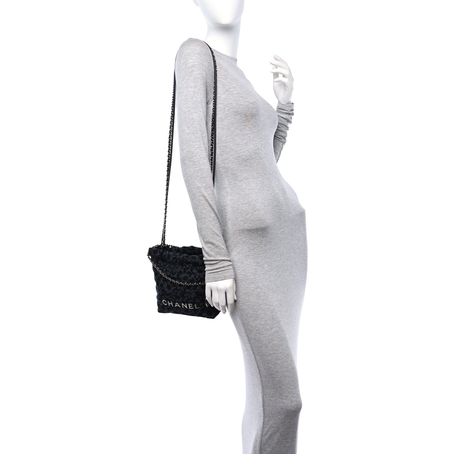 Chanel Denim Quilted Floral Print Mini Chanel 22 Black Grey 2 of 10