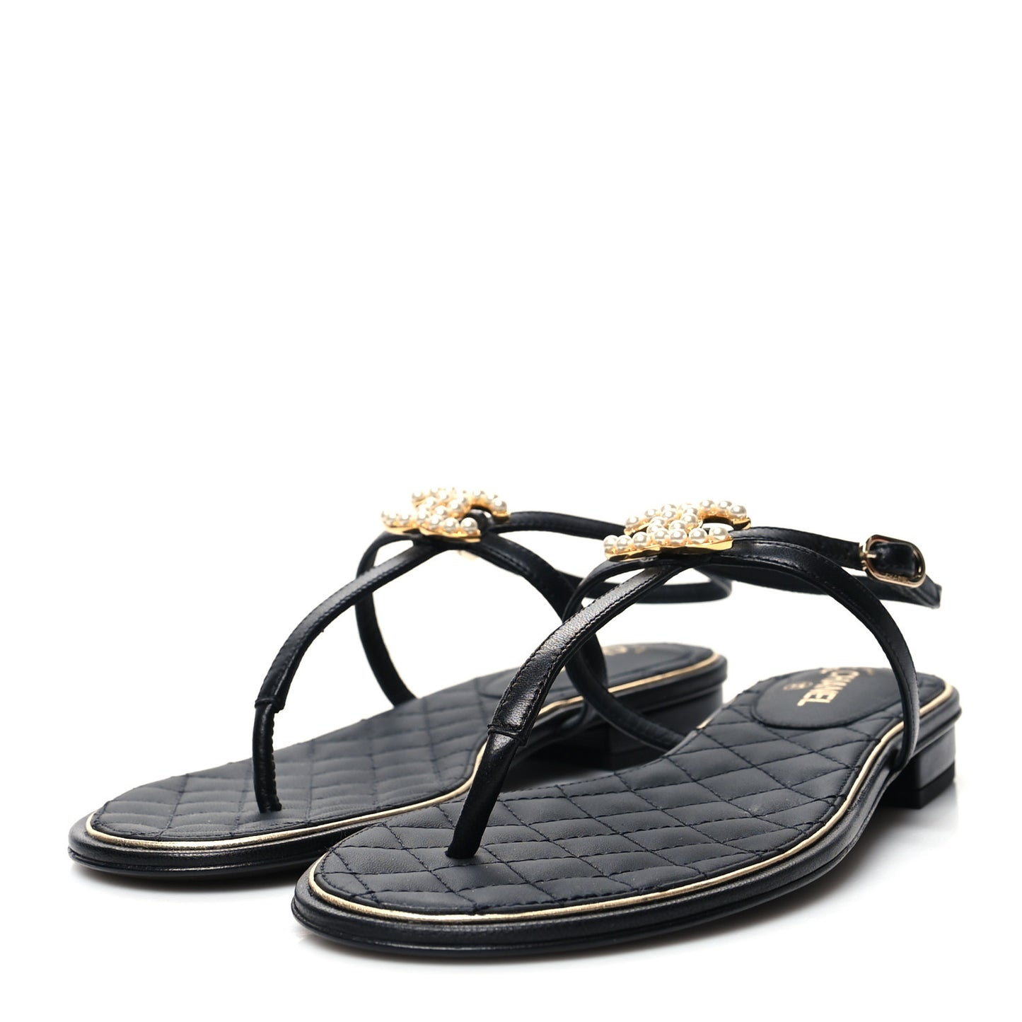 Lambskin Pearl CC Thong Sandals 36 Black Gold