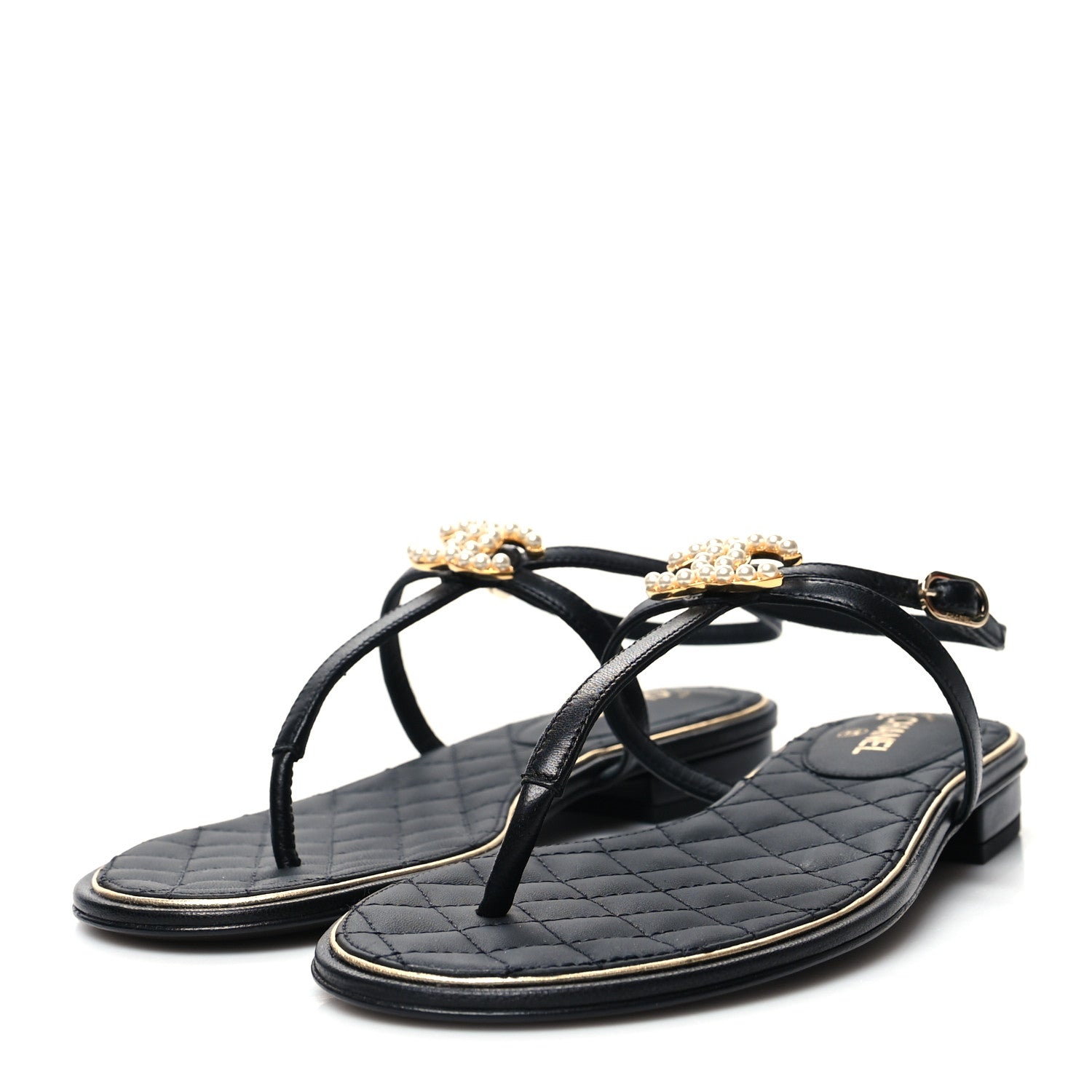 Chanel Lambskin Pearl CC Thong Sandals 36 Black Gold 3 of 7