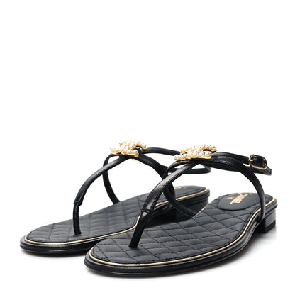 Chanel Lambskin Pearl CC Thong Sandals 36 Black Gold 3 of 7