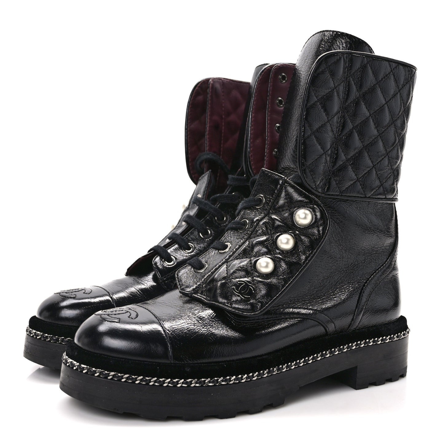 Crackled Calfskin Velvet Pearl Combat Ankle Boots 36.5 Black