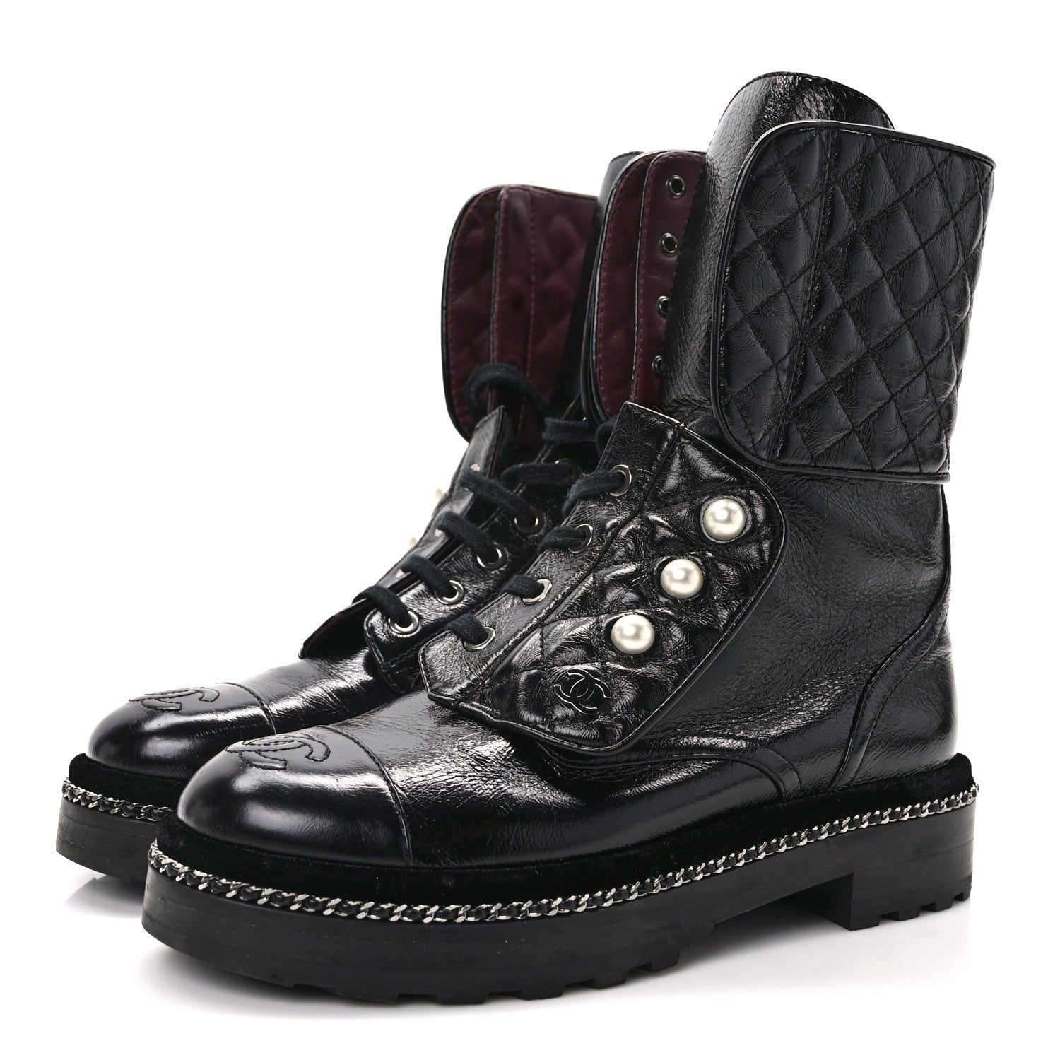 Chanel Crackled Calfskin Velvet Pearl Combat Ankle Boots 36.5 Black 3 of 8