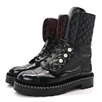 Chanel Crackled Calfskin Velvet Pearl Combat Ankle Boots 36.5 Black 3 of 8