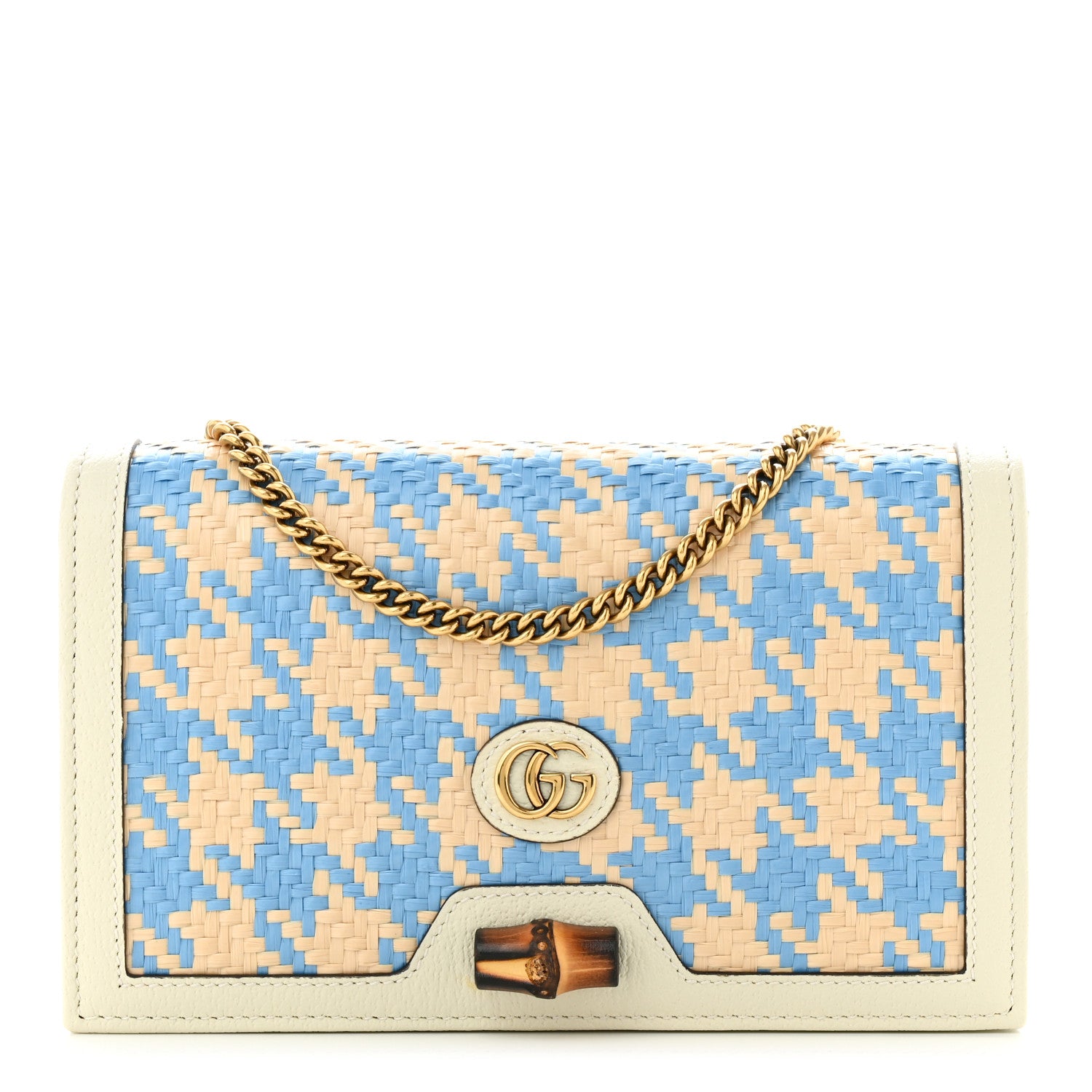 Gucci Polished Raffia Textured Dollar Calfskin Houndstooth Mini Diana Chain Bag Natural Light Blue Mystic White 1 of 11