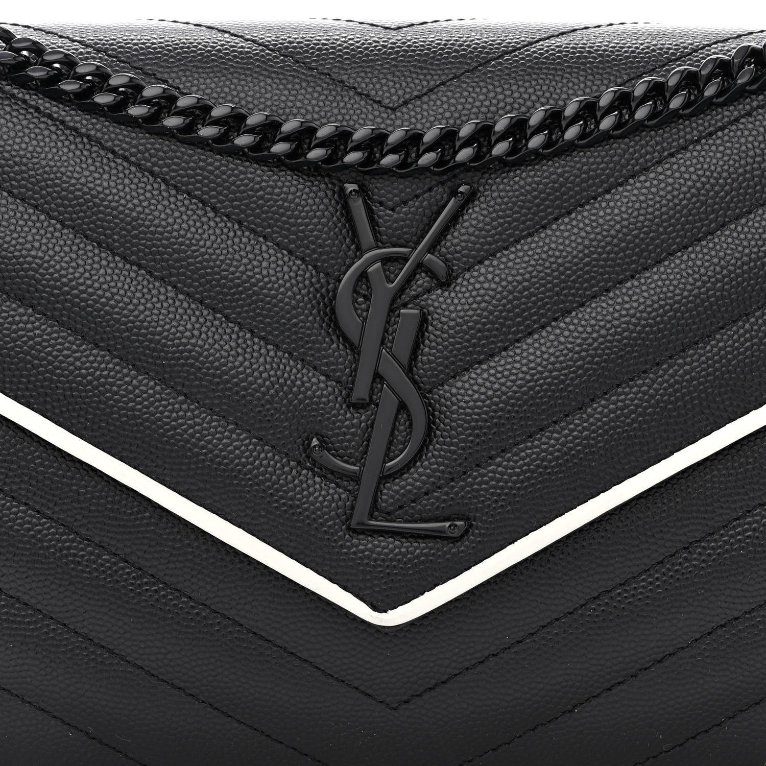 Saint Laurent Grain De Poudre Matelasse Chevron Monogram Chain Wallet Black White 7 of 9