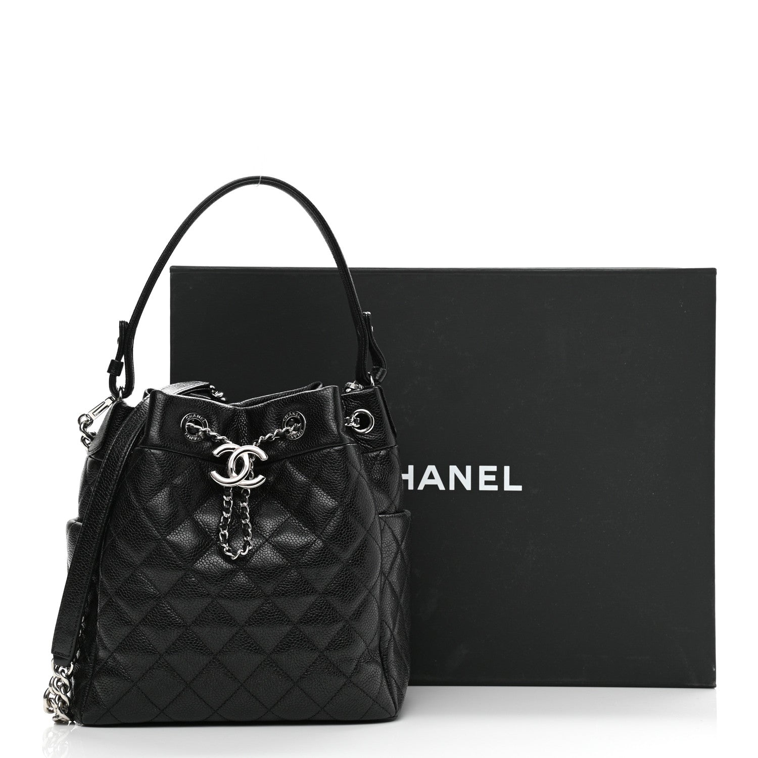 Chanel Caviar Flat Quilted CC Chain Bucket Drawstring Bag Black 12 of 12