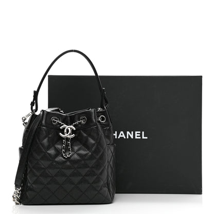 Chanel Caviar Flat Quilted CC Chain Bucket Drawstring Bag Black 12 of 12