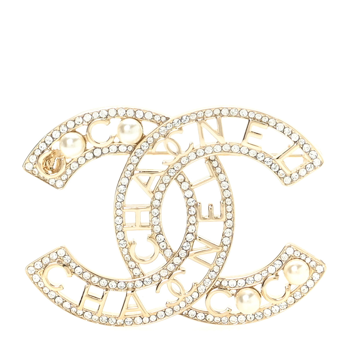 Crystal Pearl Coco CC Logo Brooch Gold