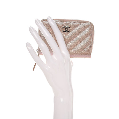 Chanel Metallic Caviar Chevron Quilted Zip Around Coin Purse Light Gold 2 of 8