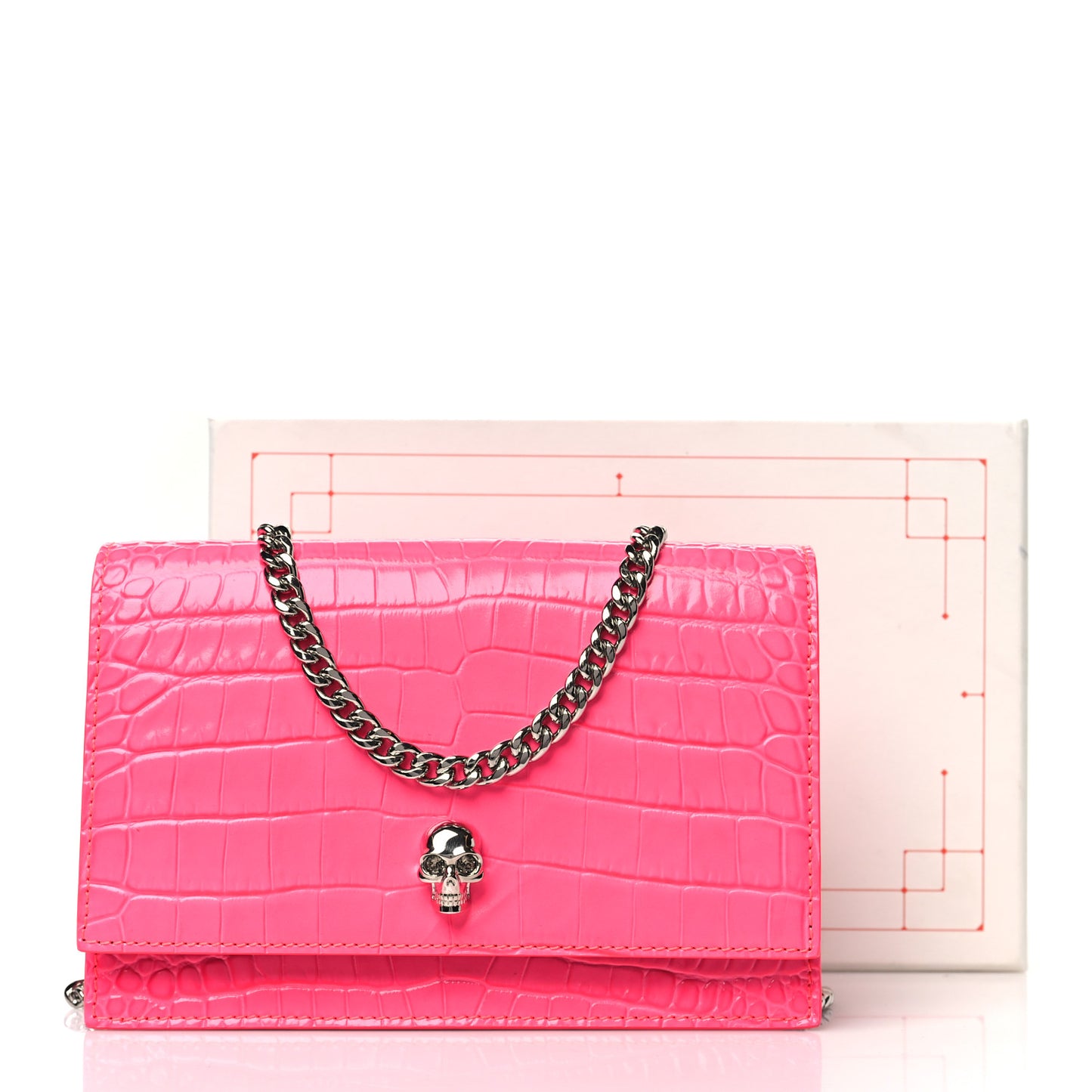 Calfskin Crocodile Embossed Skull Mini Crossbody Bag Neon Pink