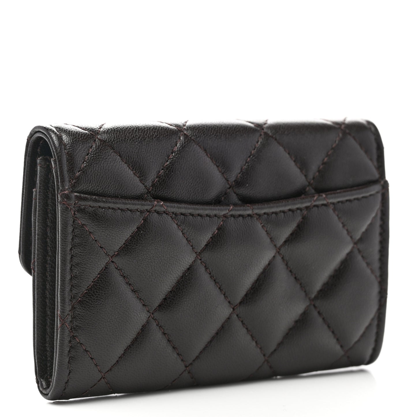Lambskin Quilted Flap Card Holder Wallet Dark Brown