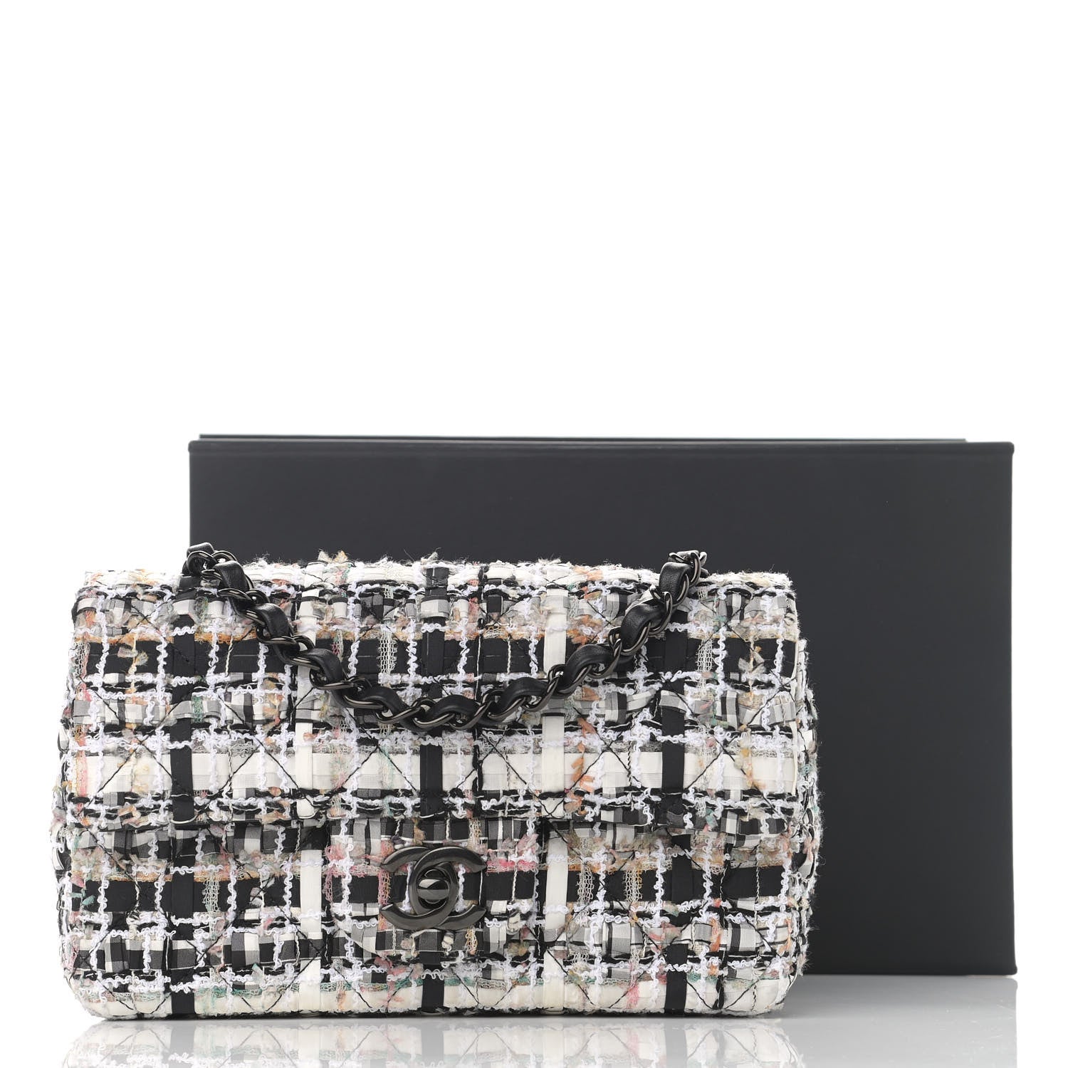 Chanel Tweed Quilted Mini Rectangular Flap White Black Multicolor 12 of 12
