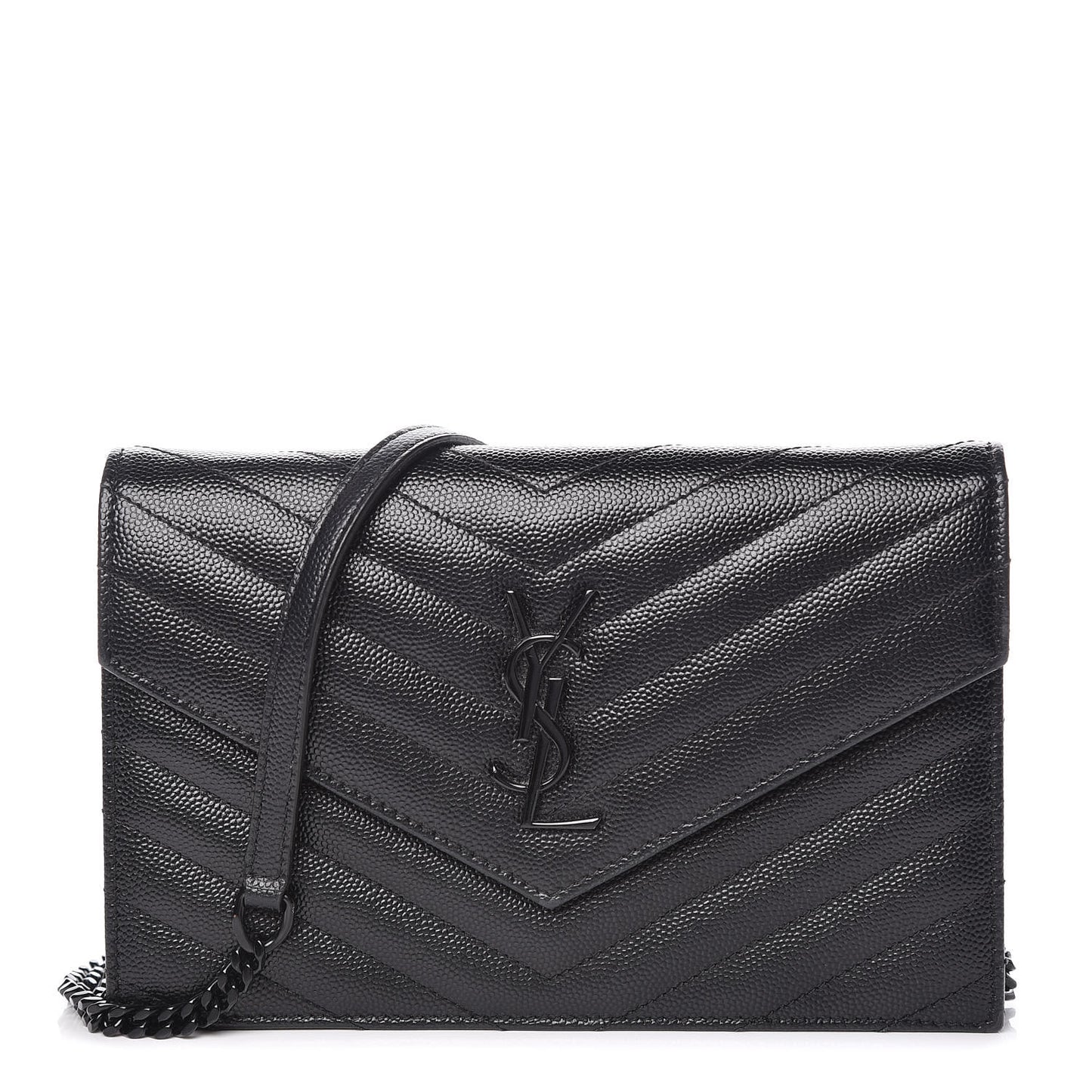 Grain De Poudre Matelasse Chevron Monogram Envelope Chain Wallet Black