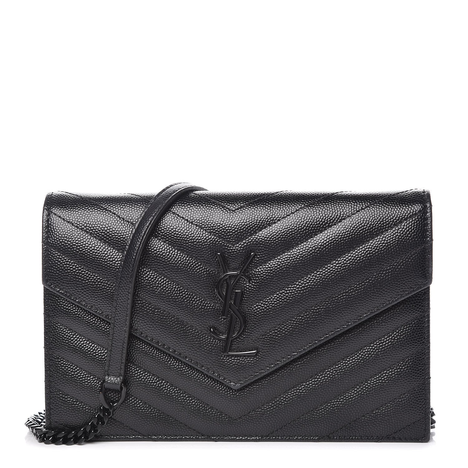 Saint Laurent Grain De Poudre Matelasse Chevron Monogram Envelope Chain Wallet Black 1 of 10