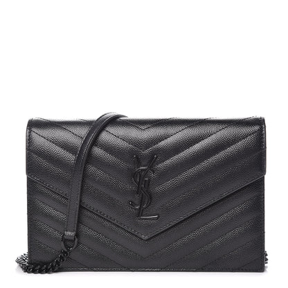 Saint Laurent Grain De Poudre Matelasse Chevron Monogram Envelope Chain Wallet Black 1 of 10