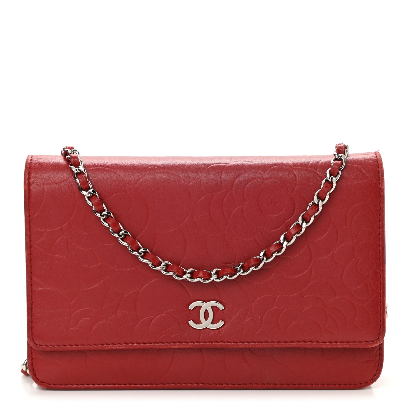 Lambskin Camellia Embossed Wallet On Chain WOC Red