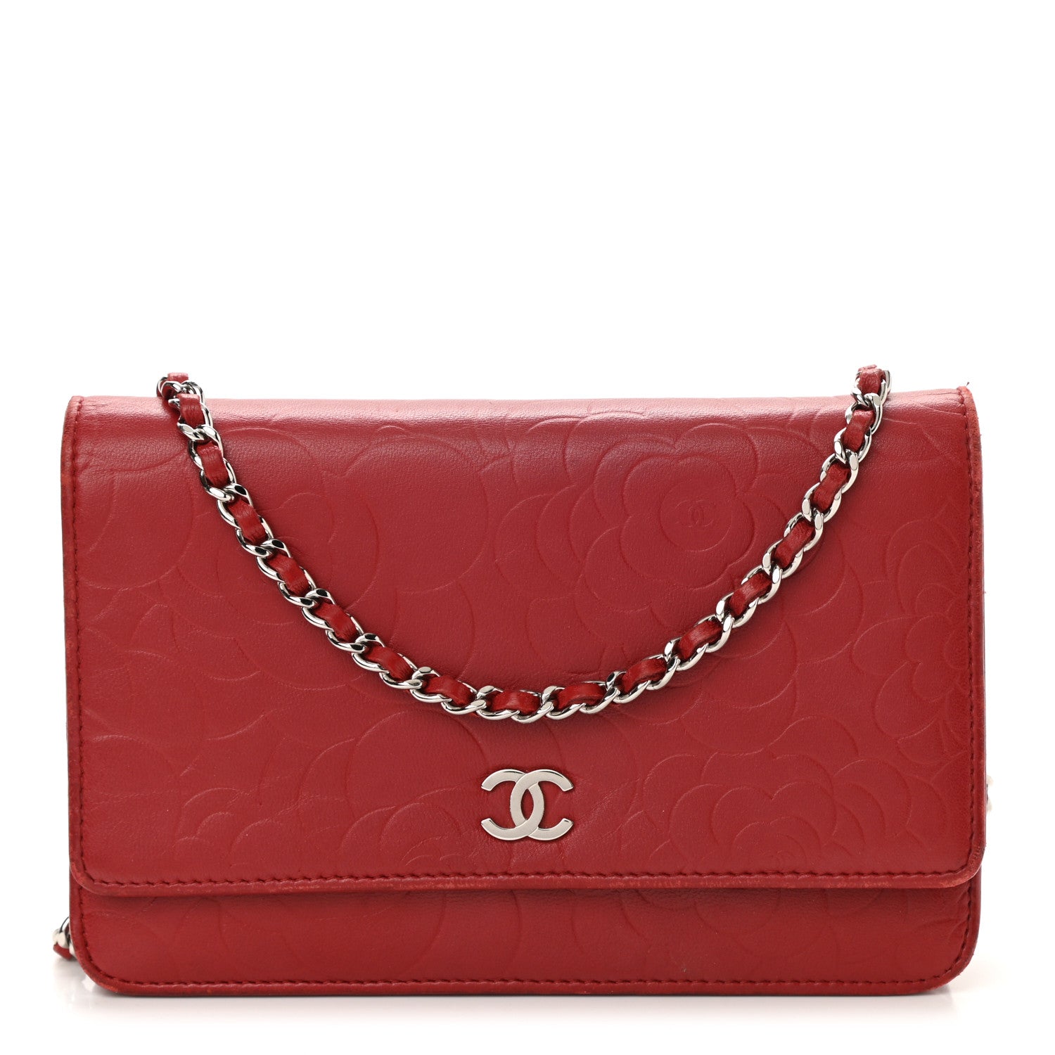 Chanel Lambskin Camellia Embossed Wallet On Chain WOC Red 1 of 13