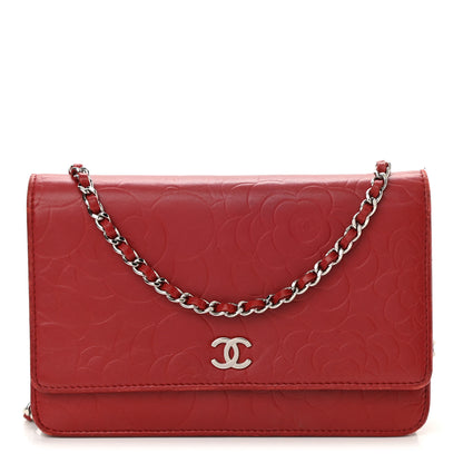 Chanel Lambskin Camellia Embossed Wallet On Chain WOC Red 1 of 13