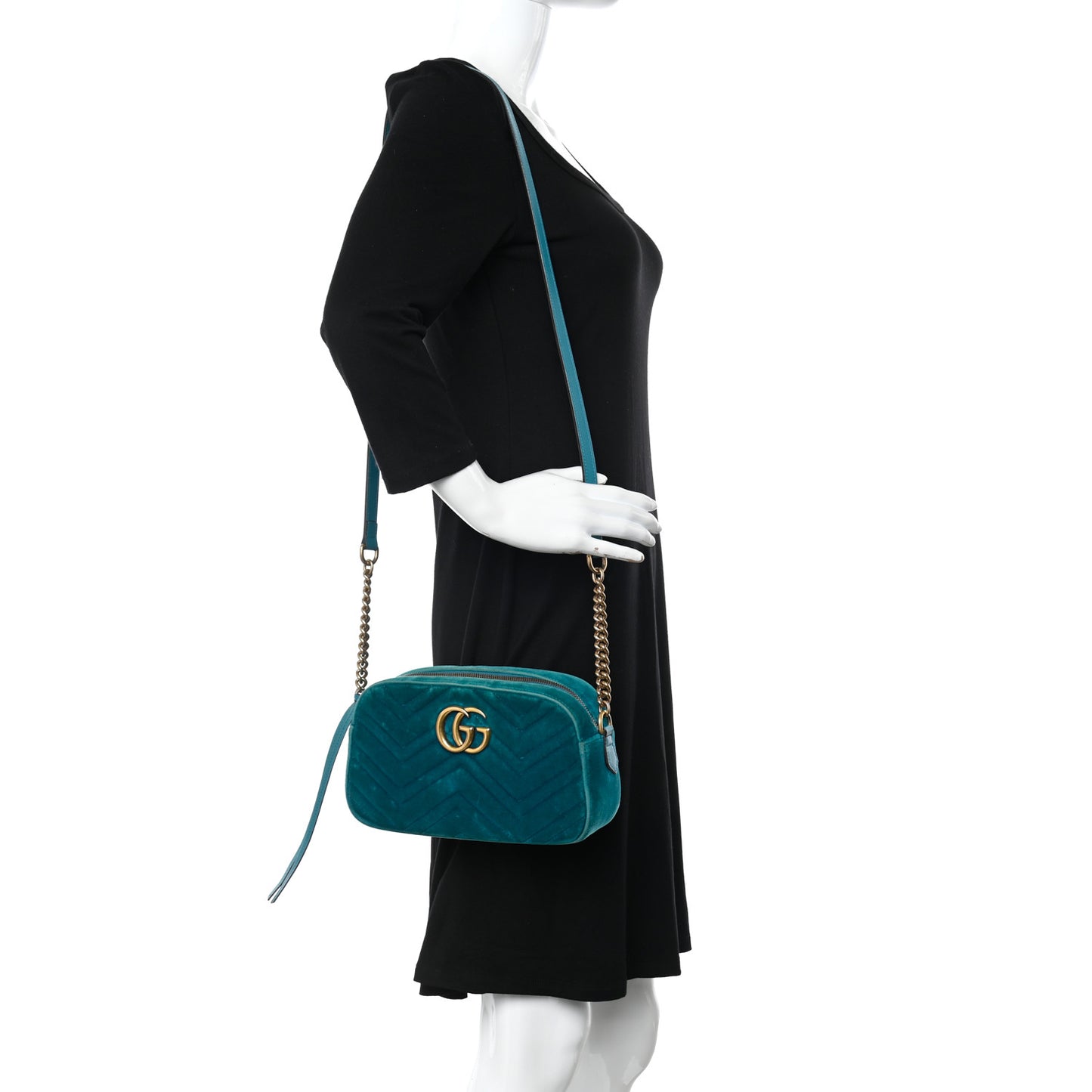 Velvet Matelasse Small GG Marmont Chain Shoulder Bag Pavone Cyan